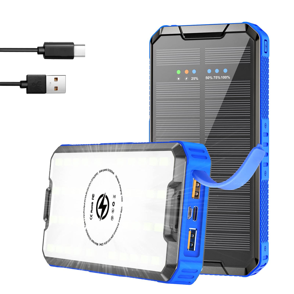 Solar Powerbank ANYFONG 30000mah Wireless Power Bank Solarzelle PD20W Solar Ladegerät mit USB C Quick Charge 4 Outputs und Campinglicht Kompatibel mit iPhone Smartphone Kamera iPad und mehr